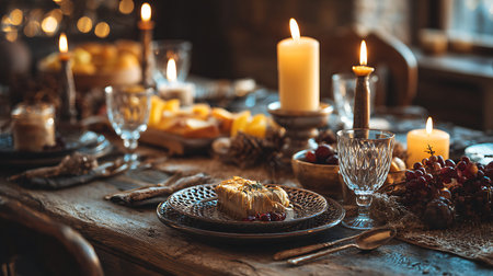 Christmas table setting with candles in vintage style. Rustic style.の写真素材