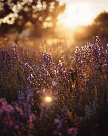 Lavender flowers in the rays of the setting sun. Sunset.の写真素材