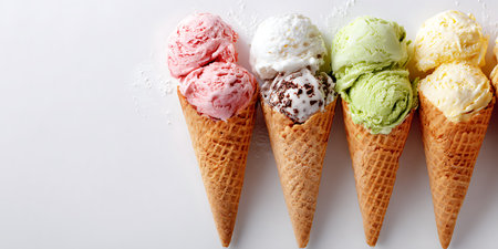 Ice cream scoops in waffle cones on white background, top viewの写真素材