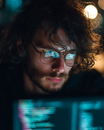 Portrait of a young man with glasses looking at a computer monitor.の写真素材