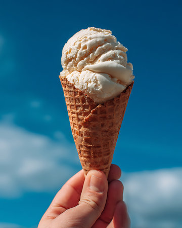 Ice cream cone in hand against blue sky. Summertime concept.の写真素材