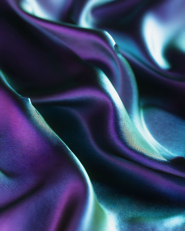 macro texture of satin fabric with folds in blue and purpleの写真素材