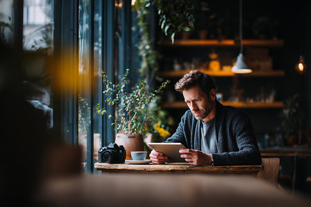 Handsome bearded man using tablet while sitting at table in cafeの写真素材