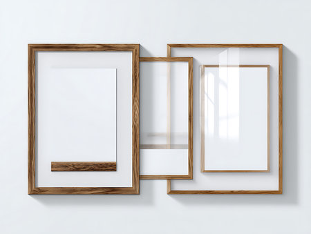 Wooden frames on a white wall. 3d render illustration.の写真素材