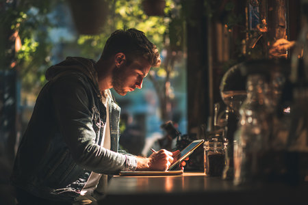 Young man using a tablet computer in a bar in the city.の写真素材