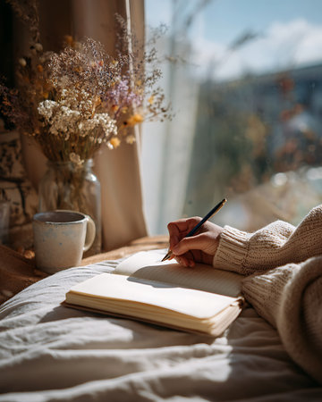 Woman writing in a notebook on the bed at home in the morning.の写真素材