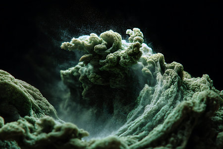 3D Illustration of a green volcano with smoke on black backgroundの写真素材