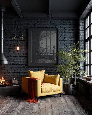 modern living room with yellow sofa and black brick wall. 3d renderingの写真素材
