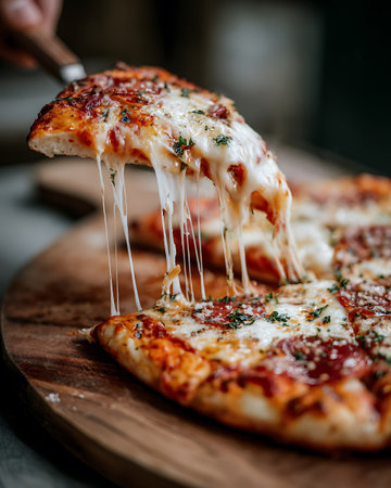 Pizza with mozzarella cheese and tomato sauce on wooden boardの写真素材