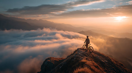 Cyclist on top of the mountain at sunset with beautiful sky backgroundの写真素材