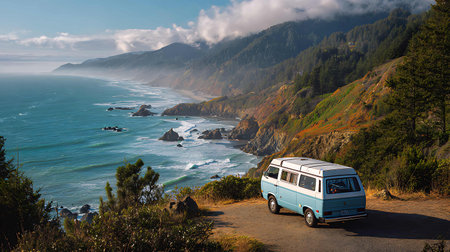 Camper van on Pacific Coast Highway, Big Sur, California, USAの写真素材
