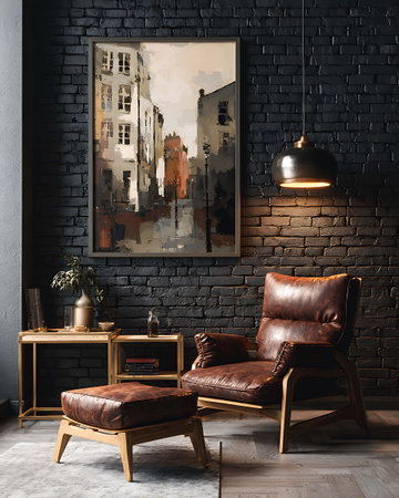 Luxury living room interior with armchairs and black brick wallの写真素材