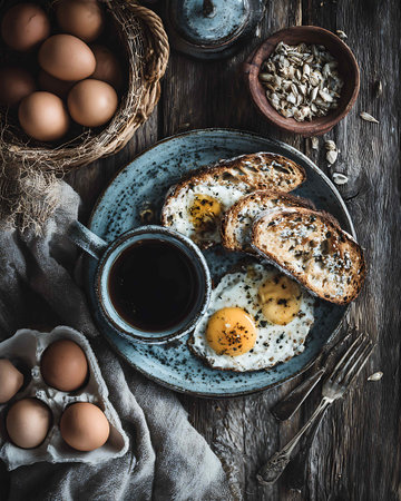 Breakfast with fried eggs, coffee and toasts on wooden backgroundの写真素材