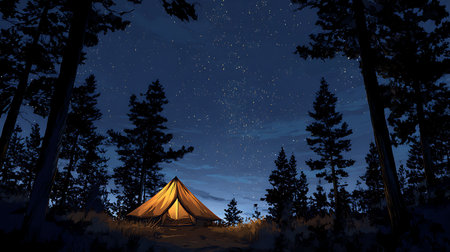 Night camping in the woods with a tent. 3D rendering.の写真素材