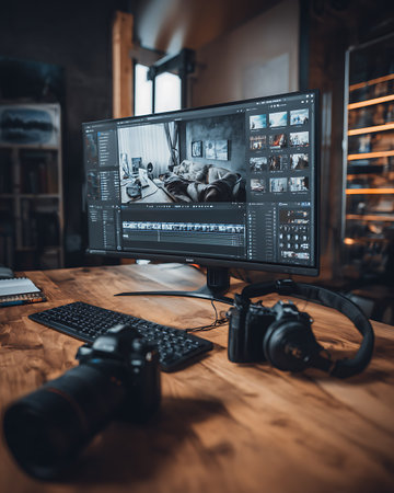 Photographer working on a computer in his studio. Video editing.の写真素材