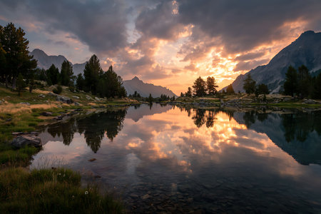 Sunset at the lake of Misurina in the Dolomites, Italyの写真素材