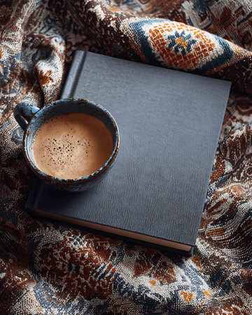 Cup of coffee and book on the background of a scarf.の写真素材
