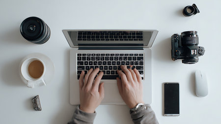 Overhead view of female hands typing on laptop keyboard with camera and coffee cup on white tableの写真素材