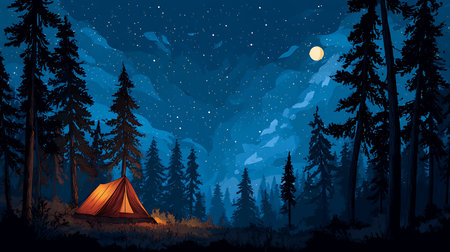 Night camping in the woods with a tent. Vector illustration for your designの写真素材