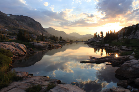 Yosemite National Park, California, United States. Sunset over the lake.の写真素材