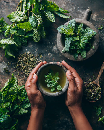 Mint tea with mint leaves in a mortar on a dark backgroundの写真素材