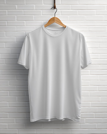 White t-shirt hanging on a wooden hanger on a brick wallの写真素材
