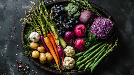 Healthy food clean eating selection. Vegetables, herbs and spices on dark backgroundの写真素材