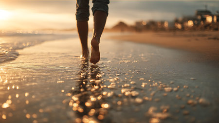 Young man walking on beach at sunset time. Closeup of legsの写真素材