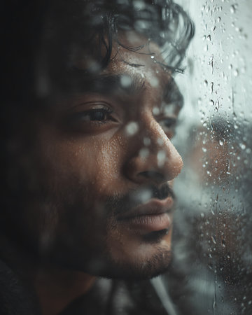 Portrait of a handsome Indian man looking through a wet window.の写真素材