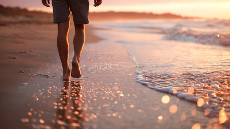 Young man walking on the beach at sunset. Travel and vacation concept.の写真素材