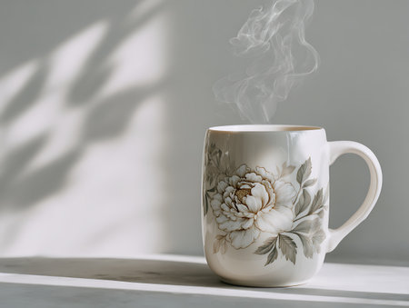 Coffee cup with white peony pattern on white background.の写真素材