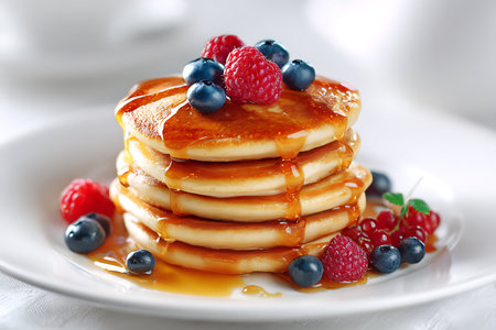 Pancakes with fresh berries and maple syrup on plate, closeupの写真素材