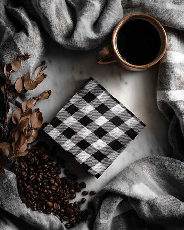 Cup of black coffee with checkered napkin and coffee beansle backgroundの写真素材