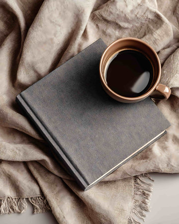 Cup of coffee and book on the bed. Top view.の写真素材