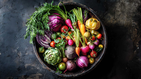 Variety of fresh vegetables in wooden bowl on dark background, top viewの写真素材