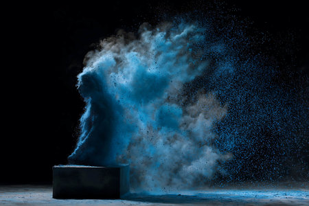 Blue powder explosion isolated on black background. 3d render illustration.の写真素材