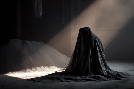 Silhouette of a ghost in a dark room with a spotlightの写真素材