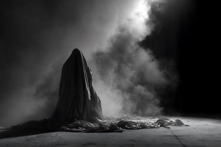 Ghost woman in dark foggy halloween or horror background. Scary ghost woman in haunted halloween.の写真素材