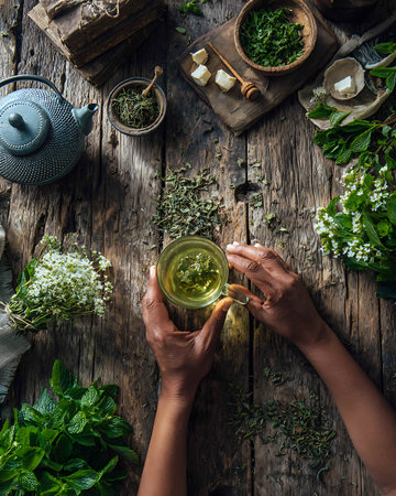 Top view of female hands holding cup of green tea with mint and white flowers on rustic wooden tableの写真素材