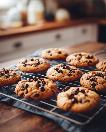 Chocolate chip cookies on a cooling rack. Selective focus.の写真素材