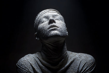 Sculpture of Jesus Christ on a black background, close-upの写真素材