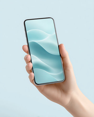 Modern mobile phone in hand isolated on blue background. 3d renderingの写真素材