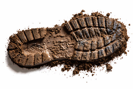 close up of a shoe sole with mud on it on white backgroundの写真素材