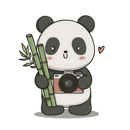 Cute panda with bamboo and camera on white background vector illustrationの写真素材