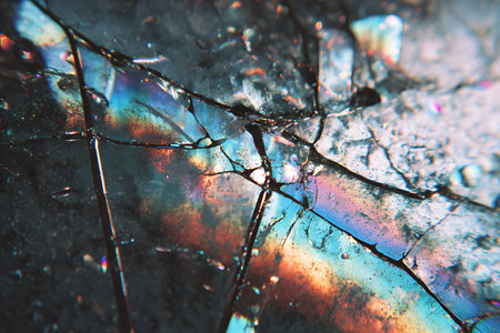 Broken glass with multicolor reflections. Abstract background and texture.の写真素材