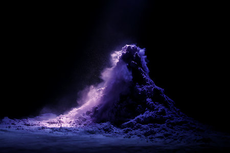 Volcanic eruption at night with smoke and snow on the groundの写真素材