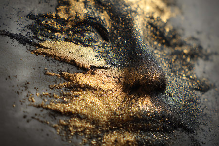 Golden glitter on a black background. Golden glitter texture. Luxury background.の写真素材