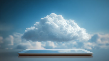 Cloud computing concept with tablet pc against blue sky with clouds 3dの写真素材