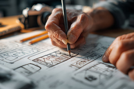Architect working on blueprint. Close-up of male hands drawing construction planの写真素材