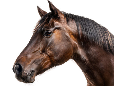 Portrait of a bay horse isolated on white background with clipping pathの写真素材